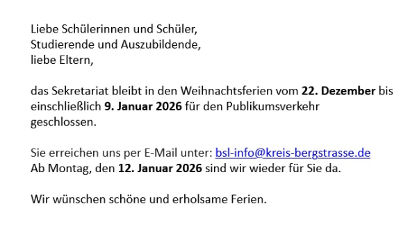 Öffnungszeiten des Sekretariats während  der Weihnachtsferien